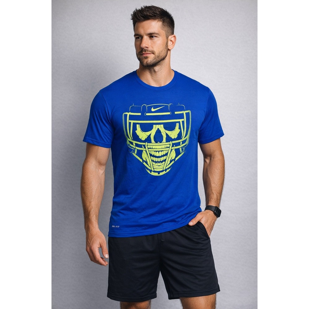 Nike Dri-FIT Mens XL‎ Blue Football Skull Helmet Graphic Training T-Shirt